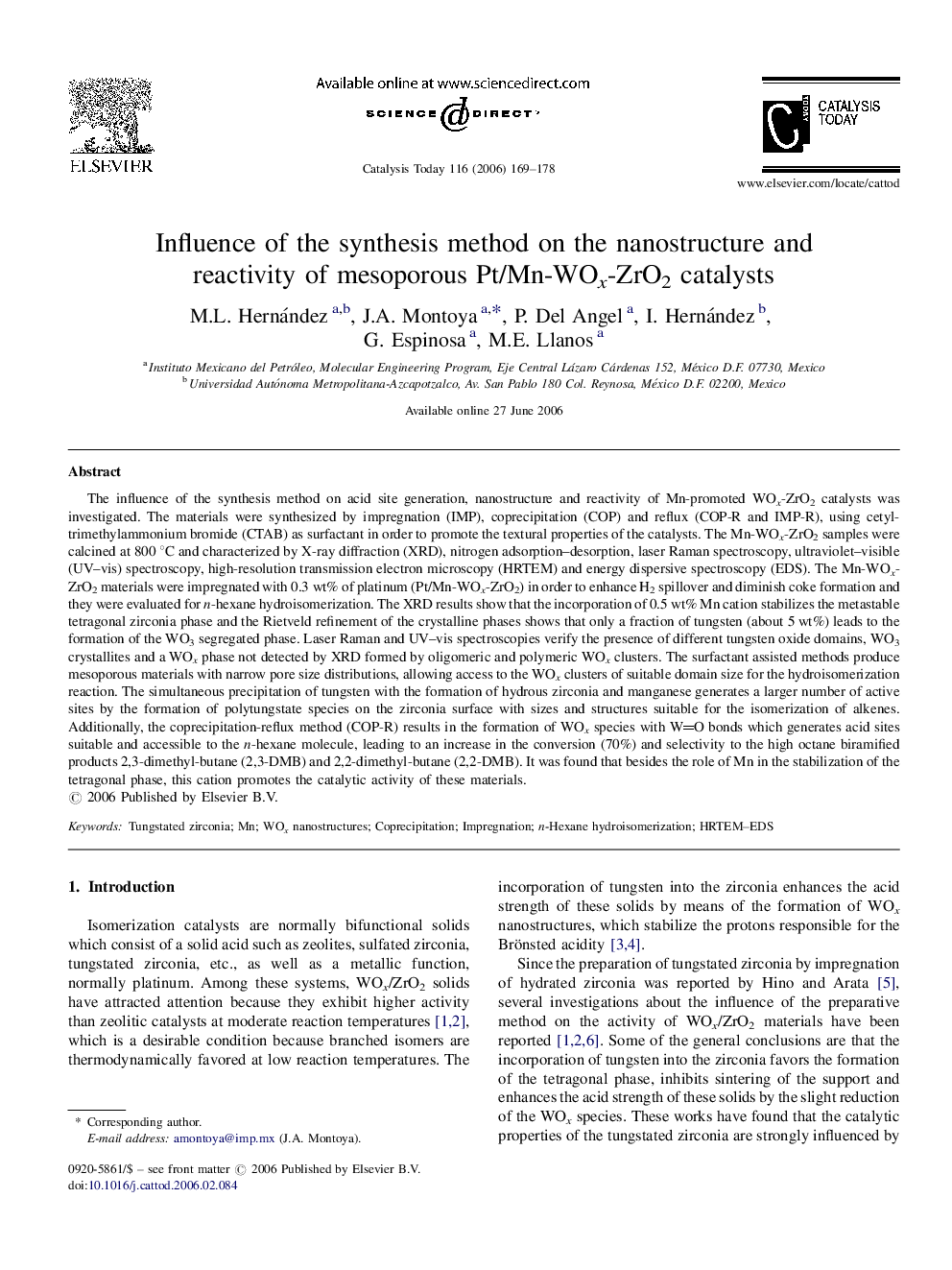 Influence of the synthesis method on the nanostructure and reactivity of mesoporous Pt/Mn-WOx-ZrO2 catalysts