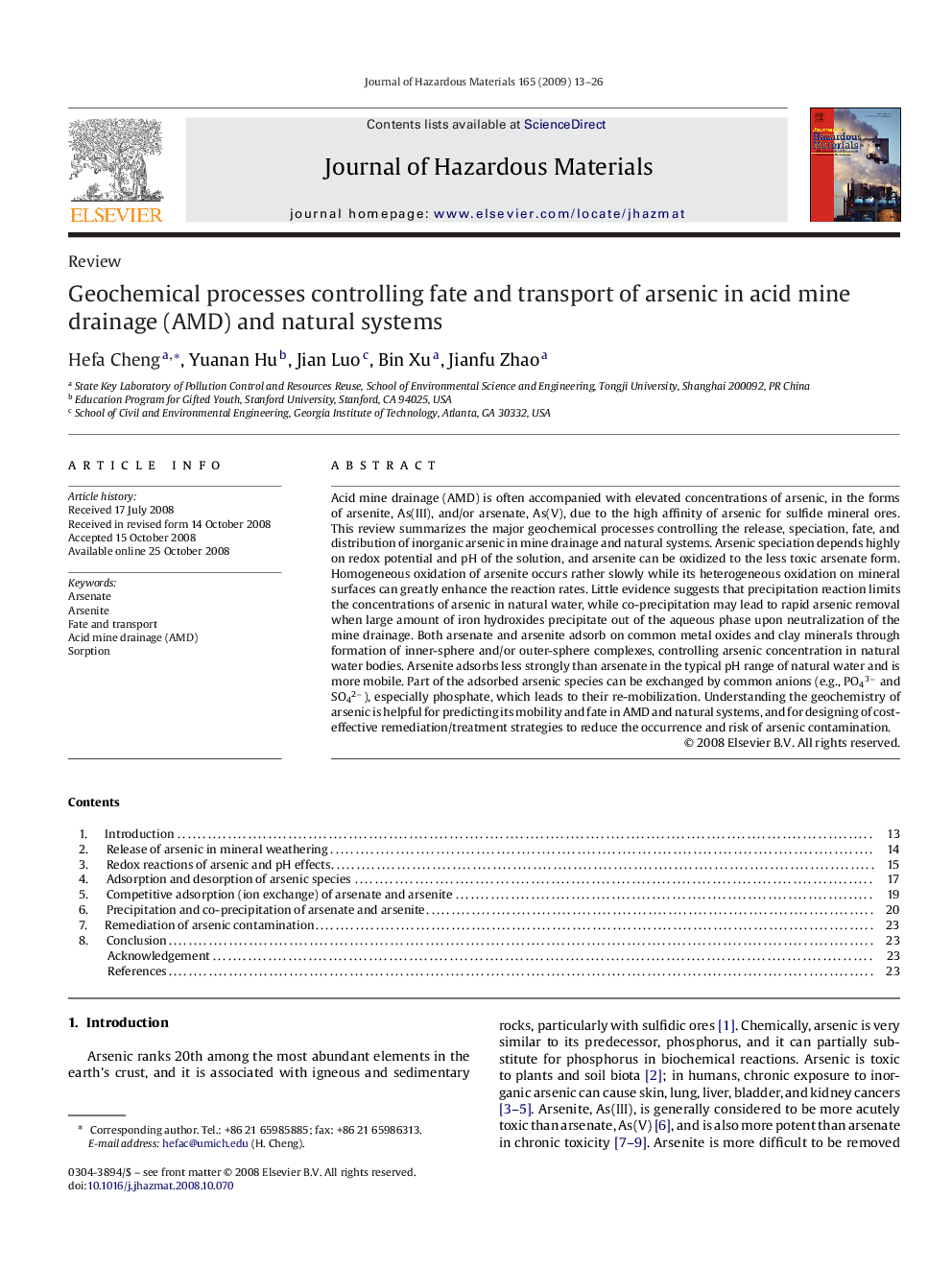 Geochemical processes controlling fate and transport of arsenic in acid mine drainage (AMD) and natural systems