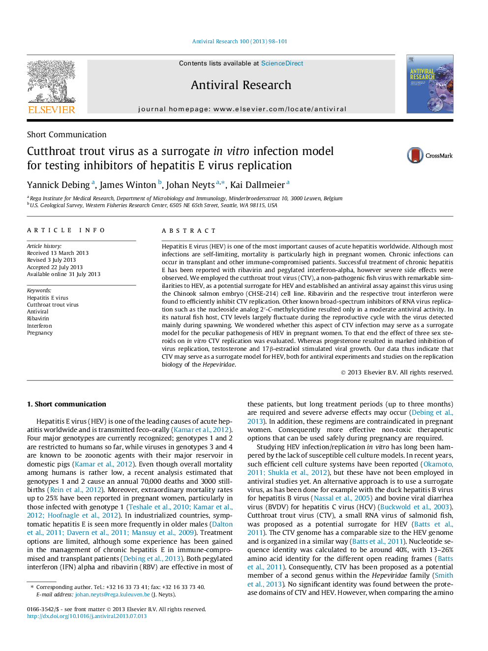 Cutthroat trout virus as a surrogate in vitro infection model for testing inhibitors of hepatitis E virus replication