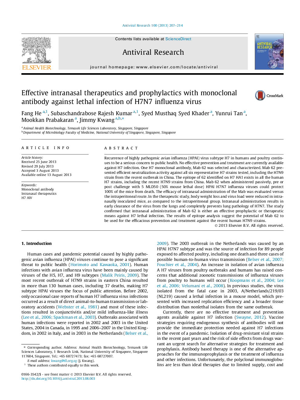 Effective intranasal therapeutics and prophylactics with monoclonal antibody against lethal infection of H7N7 influenza virus