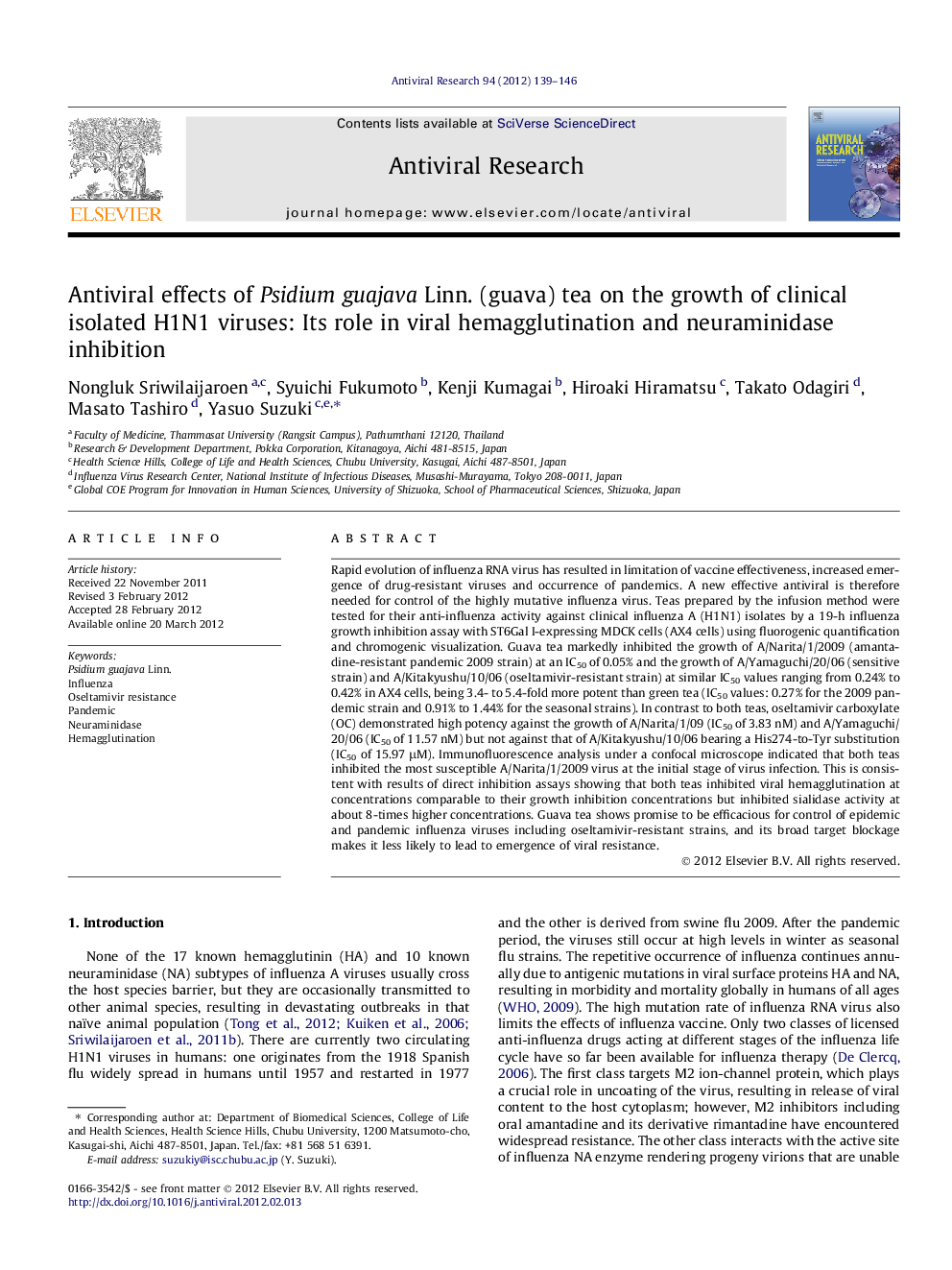 Antiviral effects of Psidium guajava Linn. (guava) tea on the growth of clinical isolated H1N1 viruses: Its role in viral hemagglutination and neuraminidase inhibition