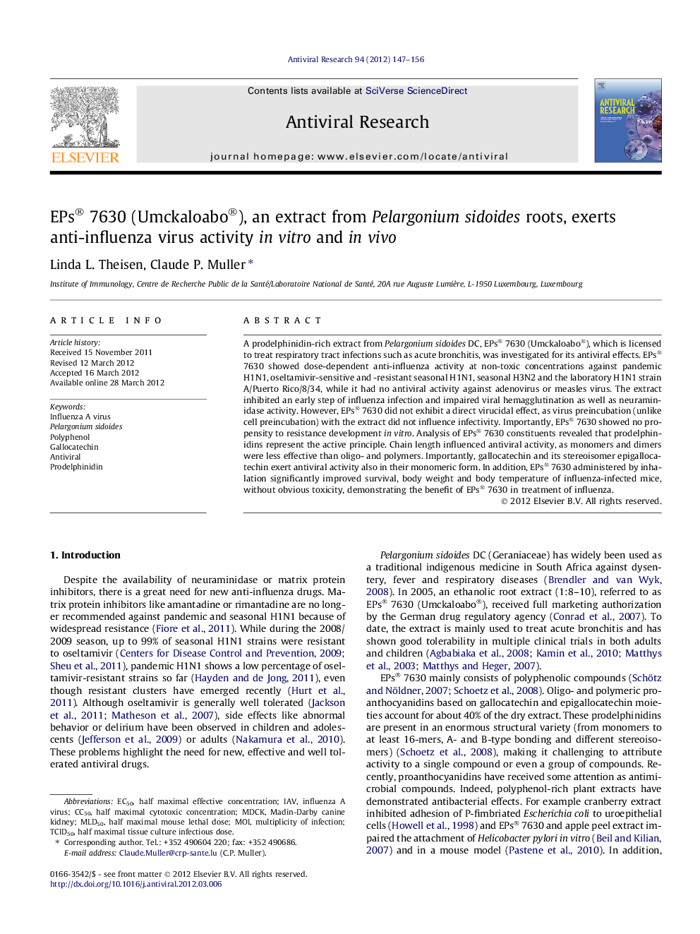 EPs® 7630 (Umckaloabo®), an extract from Pelargonium sidoides roots, exerts anti-influenza virus activity in vitro and in vivo