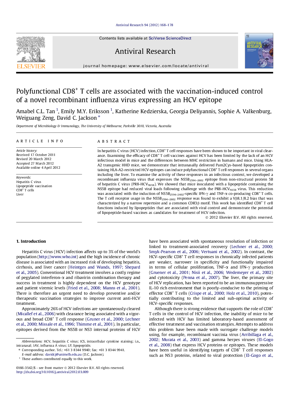 Polyfunctional CD8+ T cells are associated with the vaccination-induced control of a novel recombinant influenza virus expressing an HCV epitope