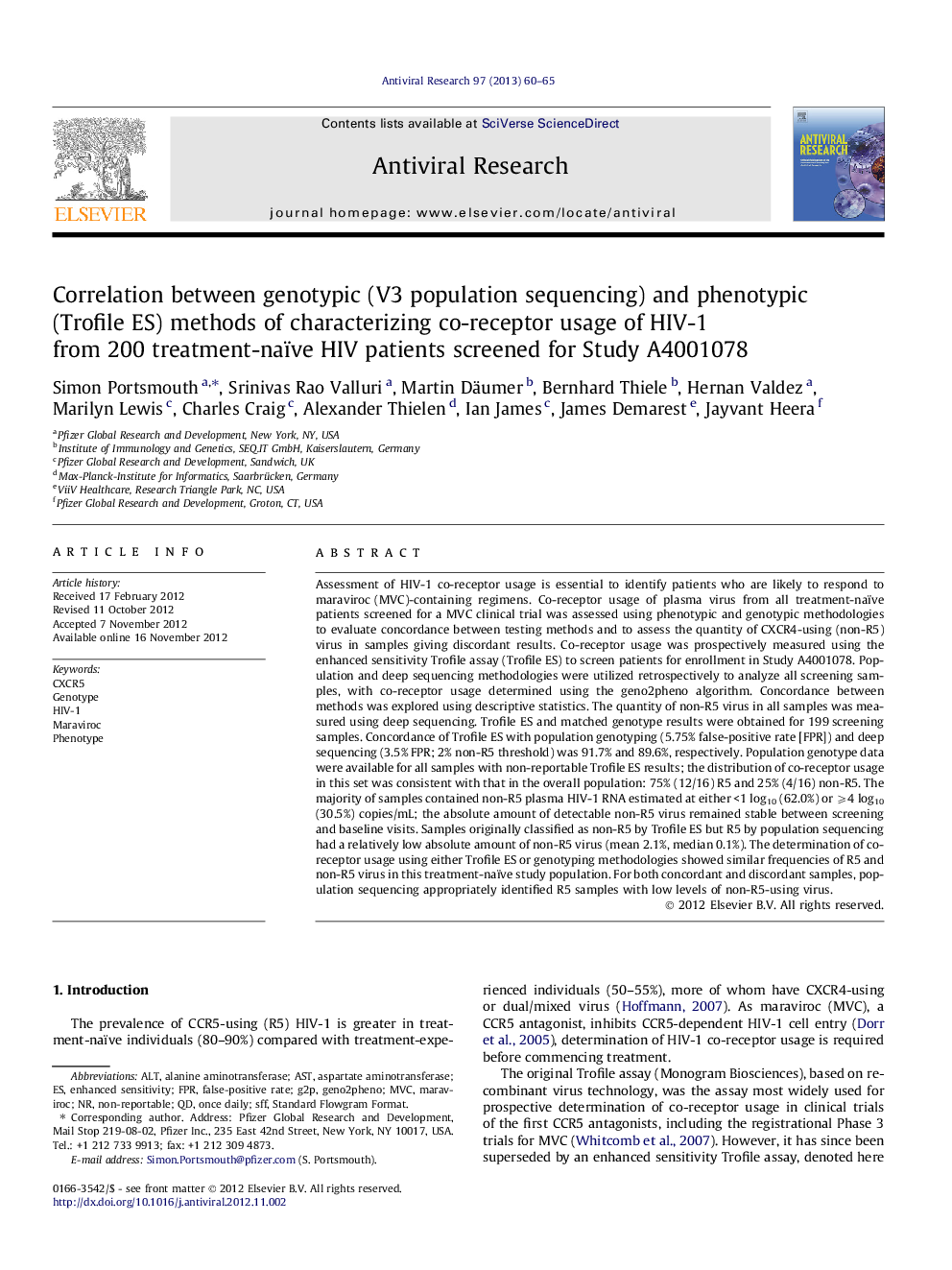 Correlation between genotypic (V3 population sequencing) and phenotypic (Trofile ES) methods of characterizing co-receptor usage of HIV-1 from 200 treatment-naïve HIV patients screened for Study A4001078