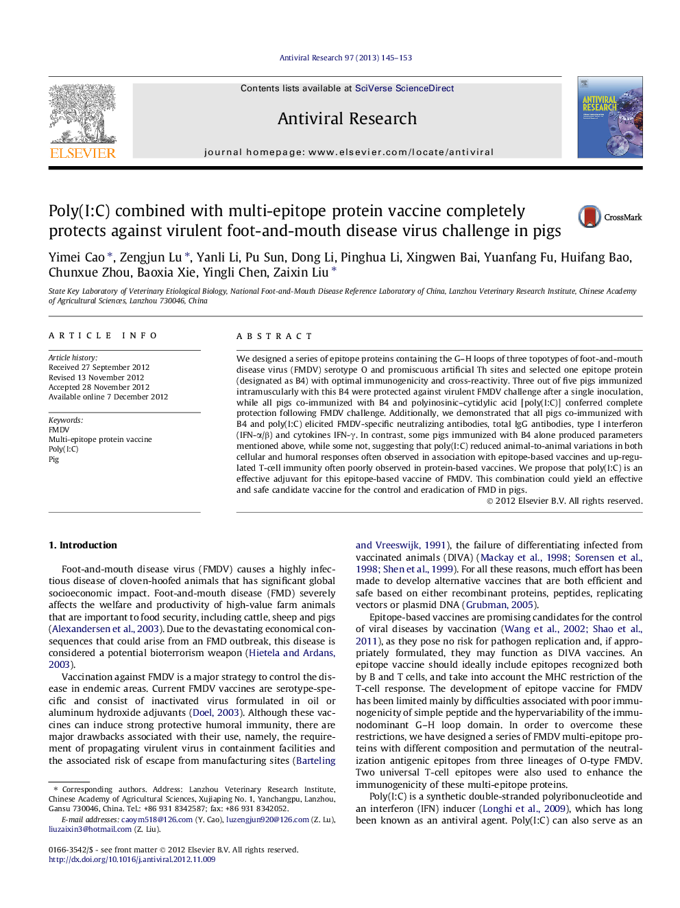 Poly(I:C) combined with multi-epitope protein vaccine completely protects against virulent foot-and-mouth disease virus challenge in pigs