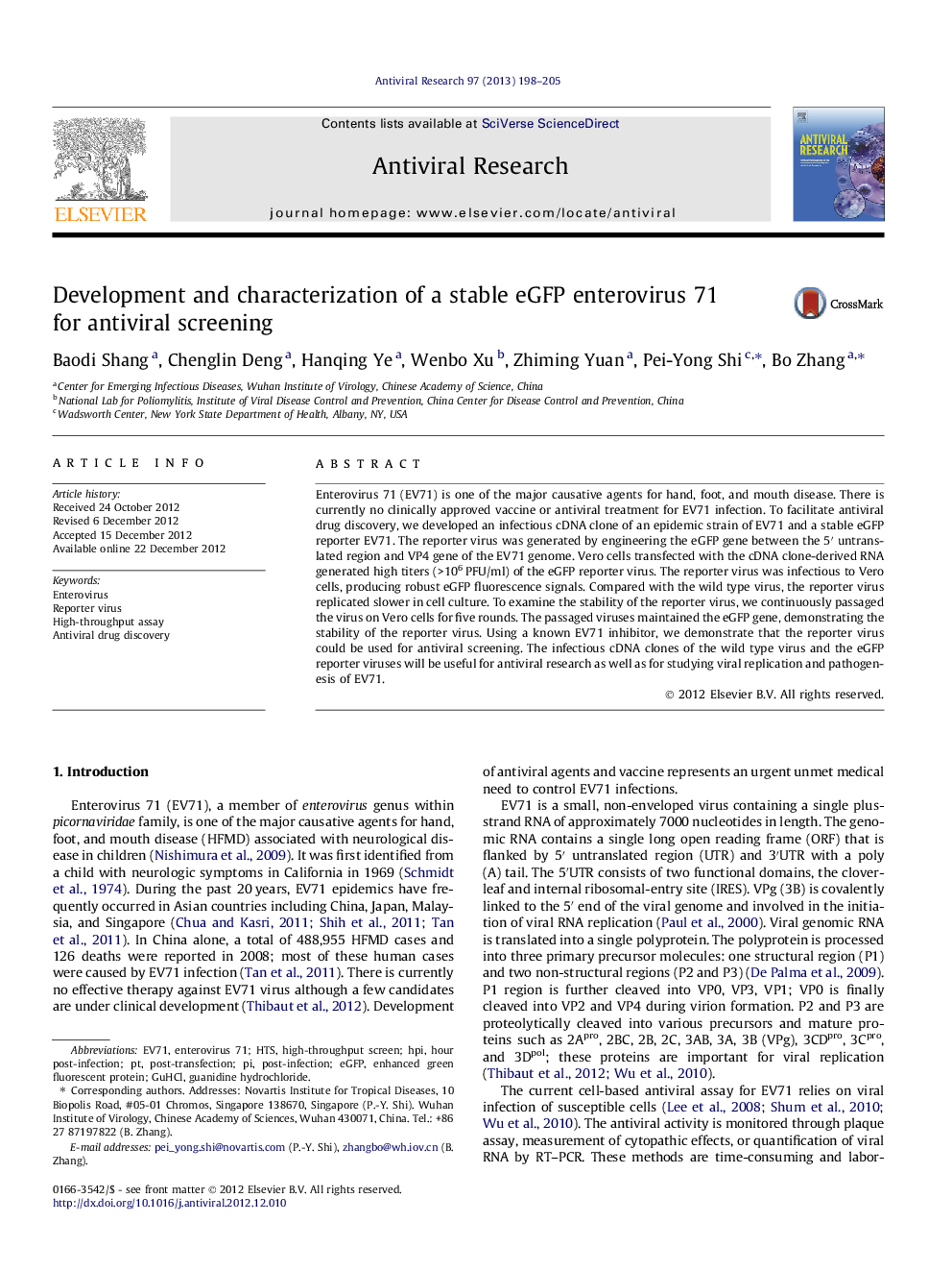 Development and characterization of a stable eGFP enterovirus 71 for antiviral screening