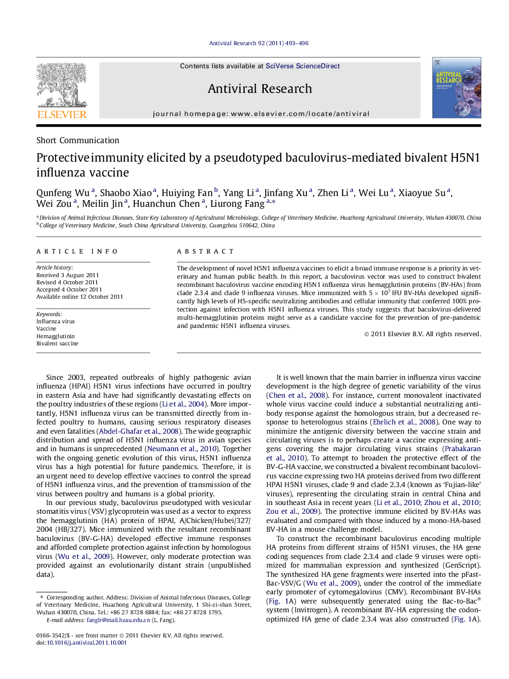 Protective immunity elicited by a pseudotyped baculovirus-mediated bivalent H5N1 influenza vaccine