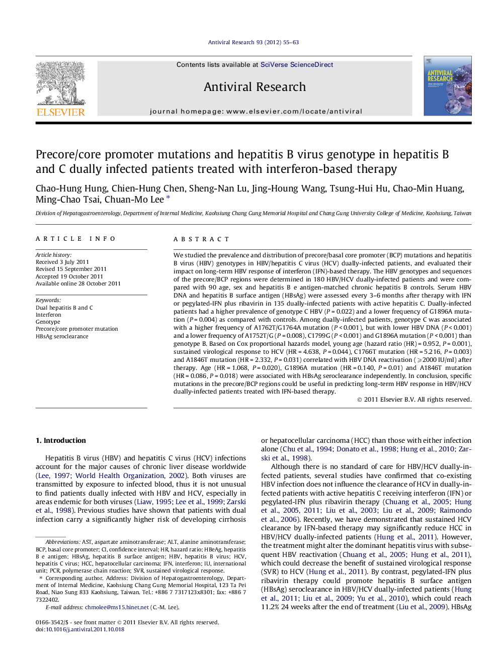 Precore/core promoter mutations and hepatitis B virus genotype in hepatitis B and C dually infected patients treated with interferon-based therapy