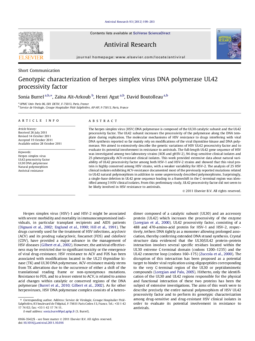 Short CommunicationGenotypic characterization of herpes simplex virus DNA polymerase UL42 processivity factor