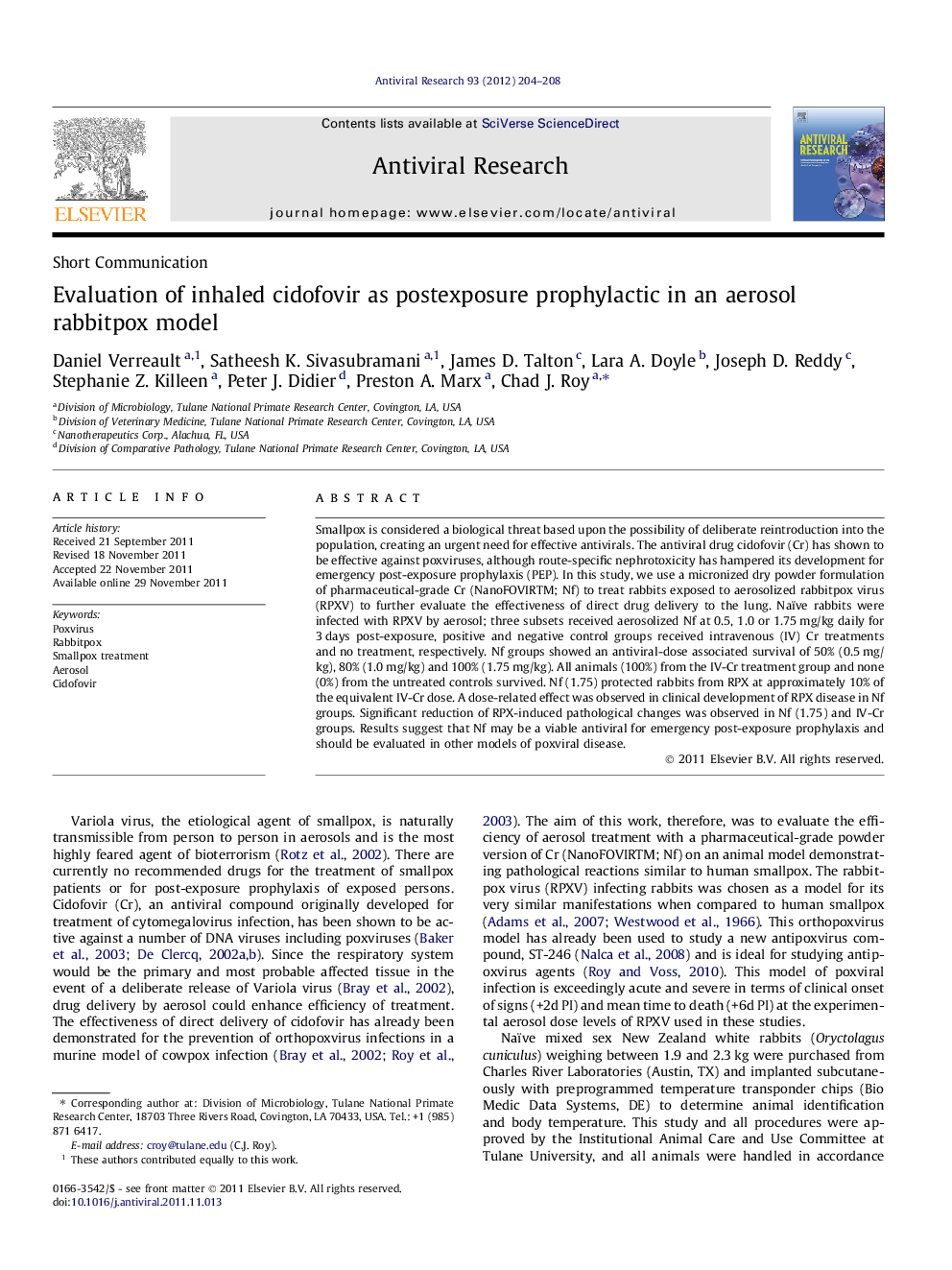 Short CommunicationEvaluation of inhaled cidofovir as postexposure prophylactic in an aerosol rabbitpox model