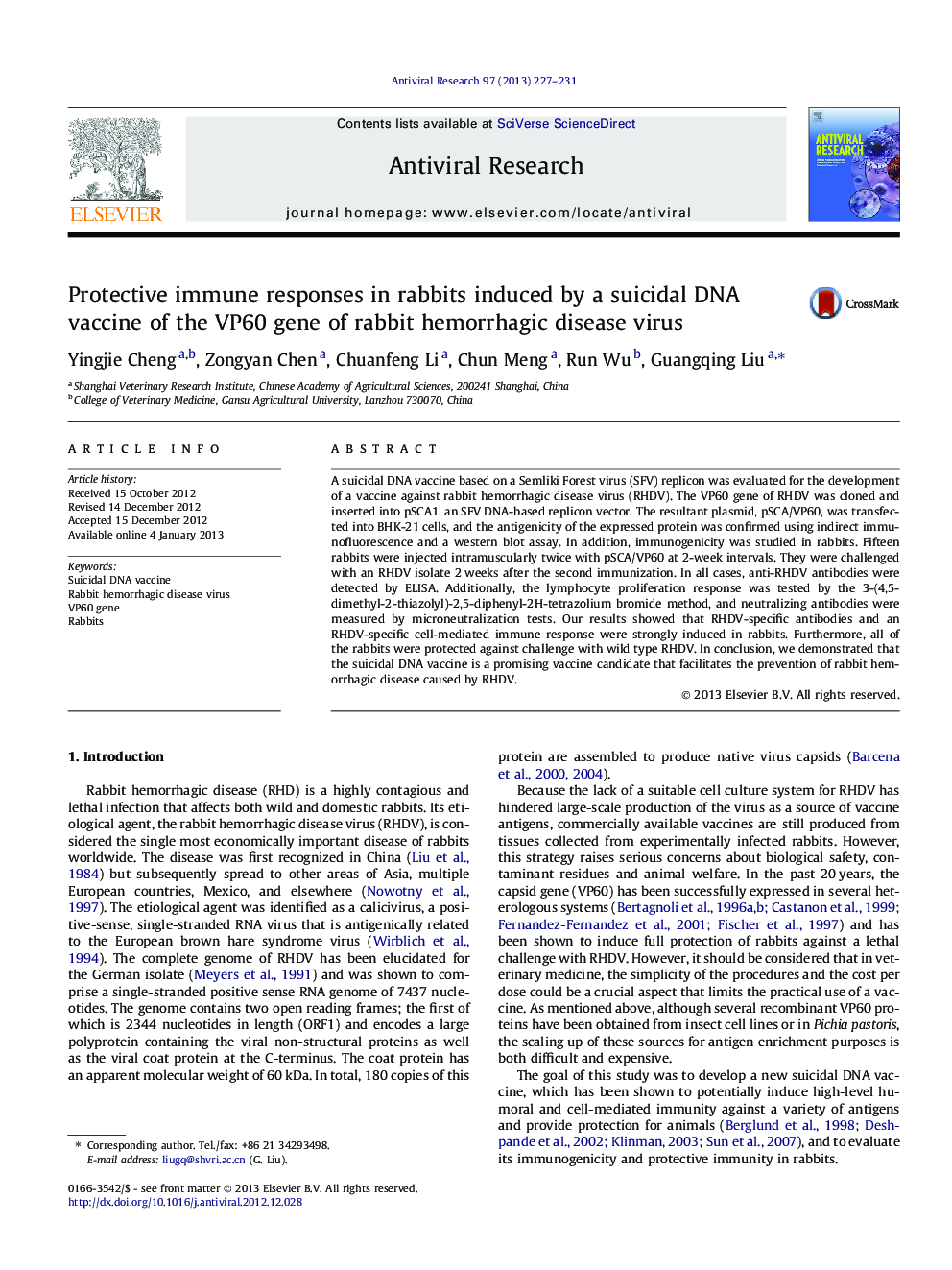 Protective immune responses in rabbits induced by a suicidal DNA vaccine of the VP60 gene of rabbit hemorrhagic disease virus