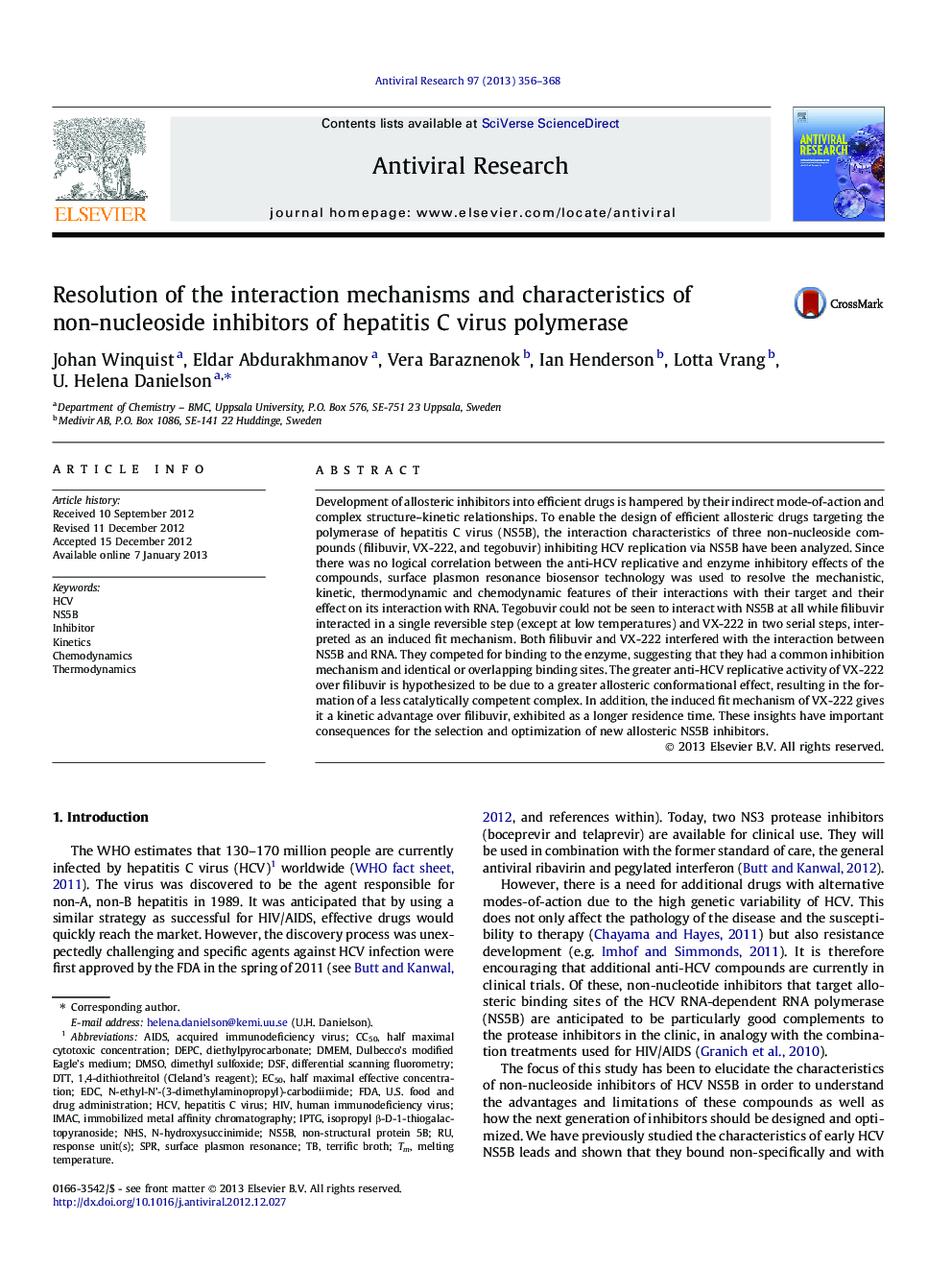 Resolution of the interaction mechanisms and characteristics of non-nucleoside inhibitors of hepatitis C virus polymerase