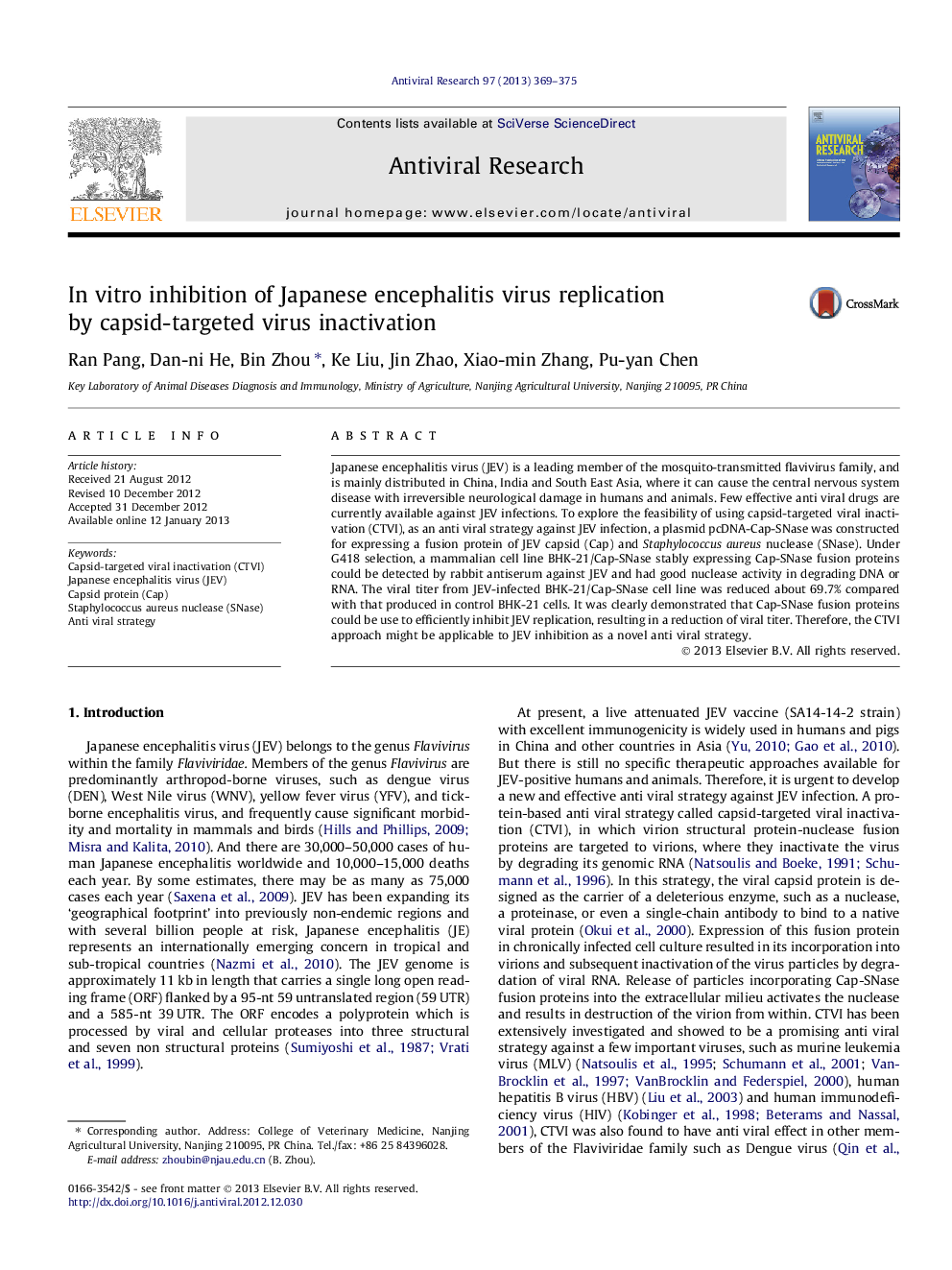 In vitro inhibition of Japanese encephalitis virus replication by capsid-targeted virus inactivation