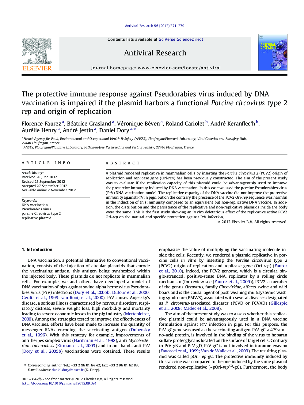 The protective immune response against Pseudorabies virus induced by DNA vaccination is impaired if the plasmid harbors a functional Porcine circovirus type 2 rep and origin of replication