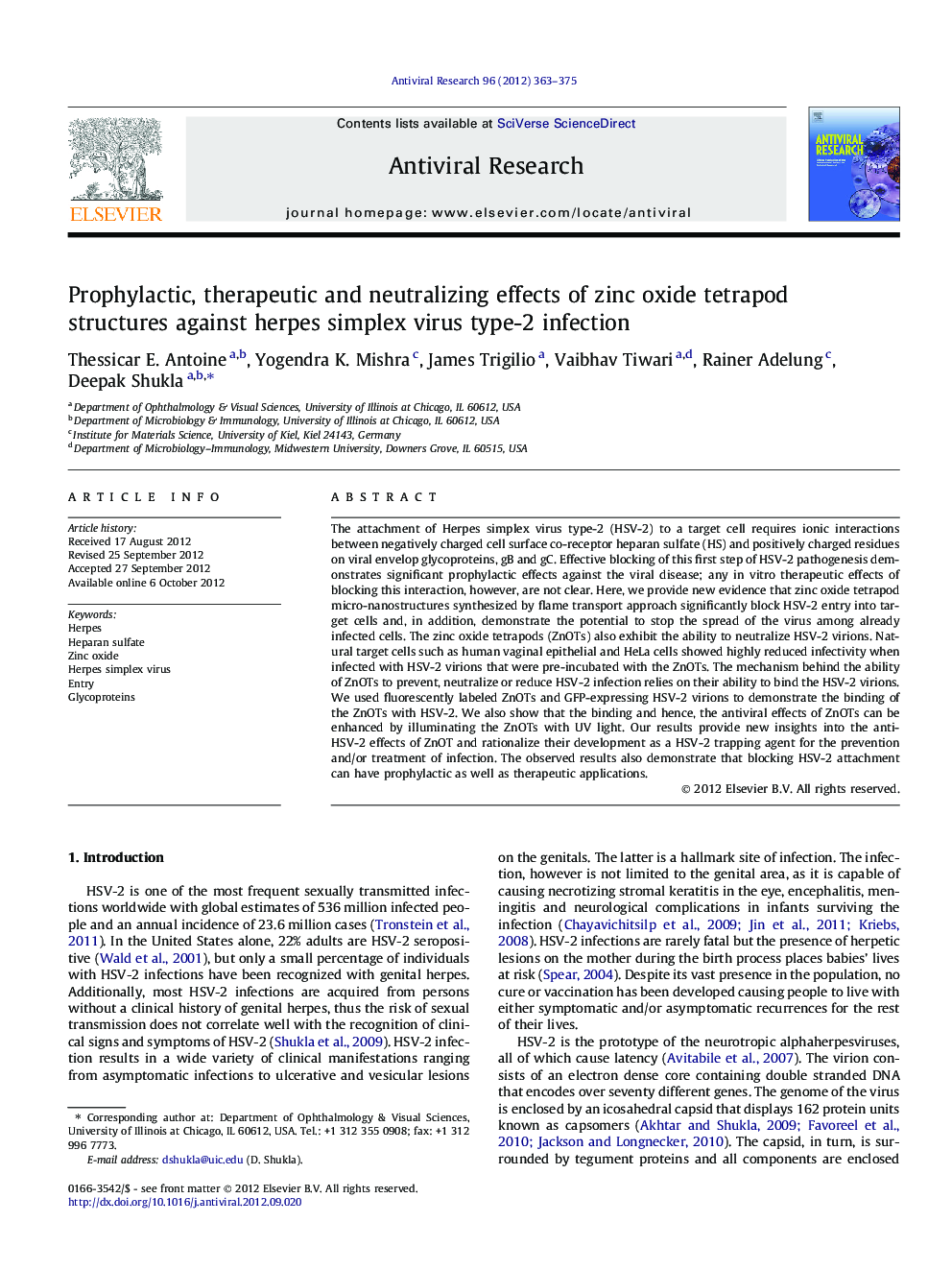 Prophylactic, therapeutic and neutralizing effects of zinc oxide tetrapod structures against herpes simplex virus type-2 infection