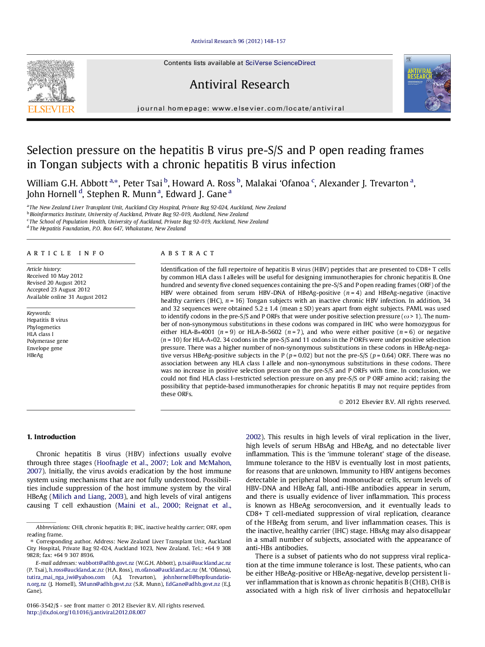 Selection pressure on the hepatitis B virus pre-S/S and P open reading frames in Tongan subjects with a chronic hepatitis B virus infection