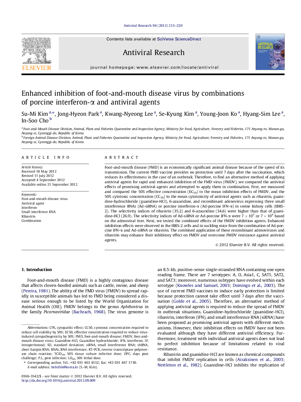 Enhanced inhibition of foot-and-mouth disease virus by combinations of porcine interferon-Î± and antiviral agents