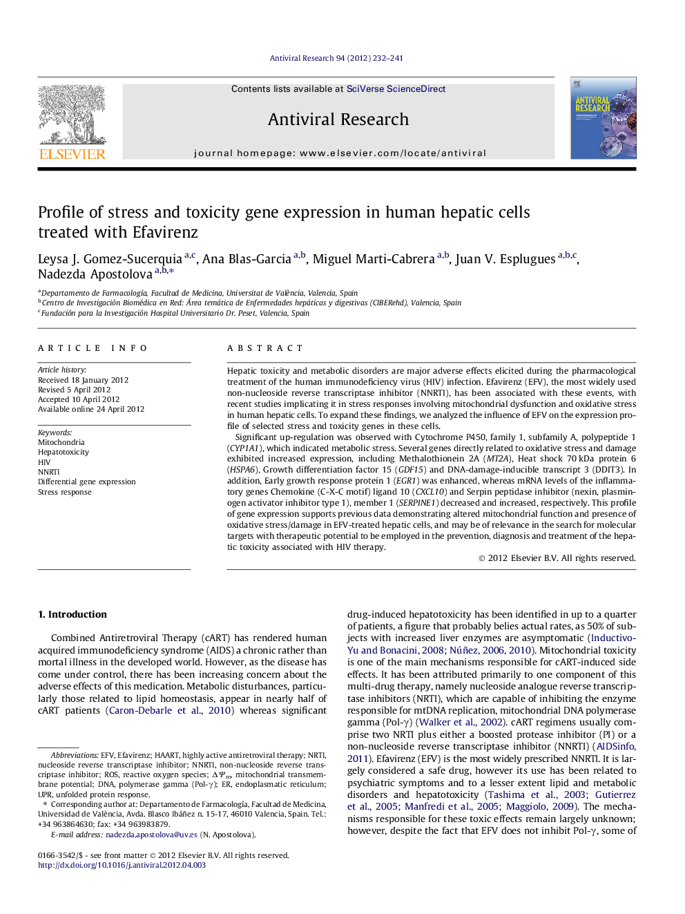 Profile of stress and toxicity gene expression in human hepatic cells treated with Efavirenz