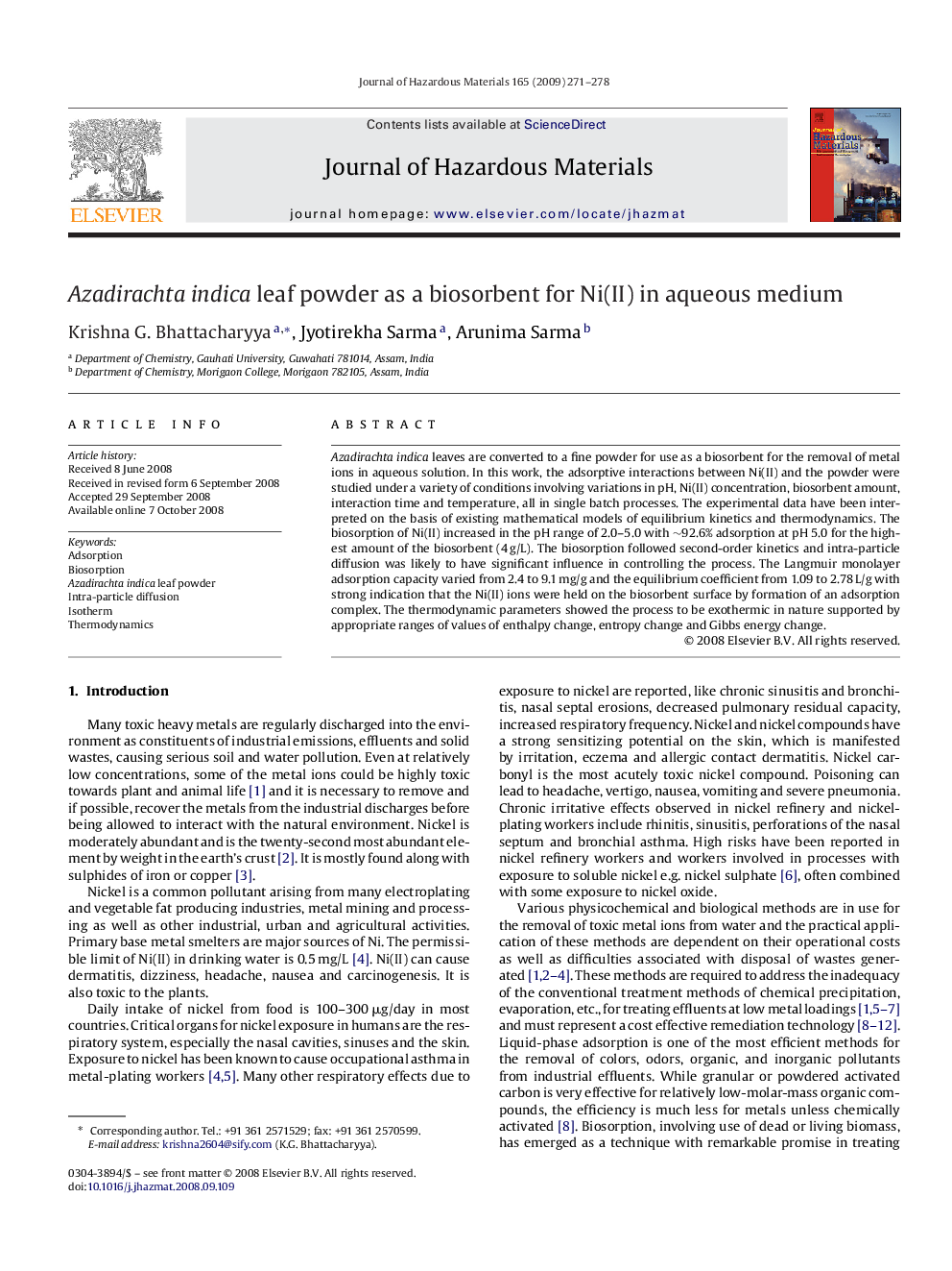 Azadirachta indica leaf powder as a biosorbent for Ni(II) in aqueous medium