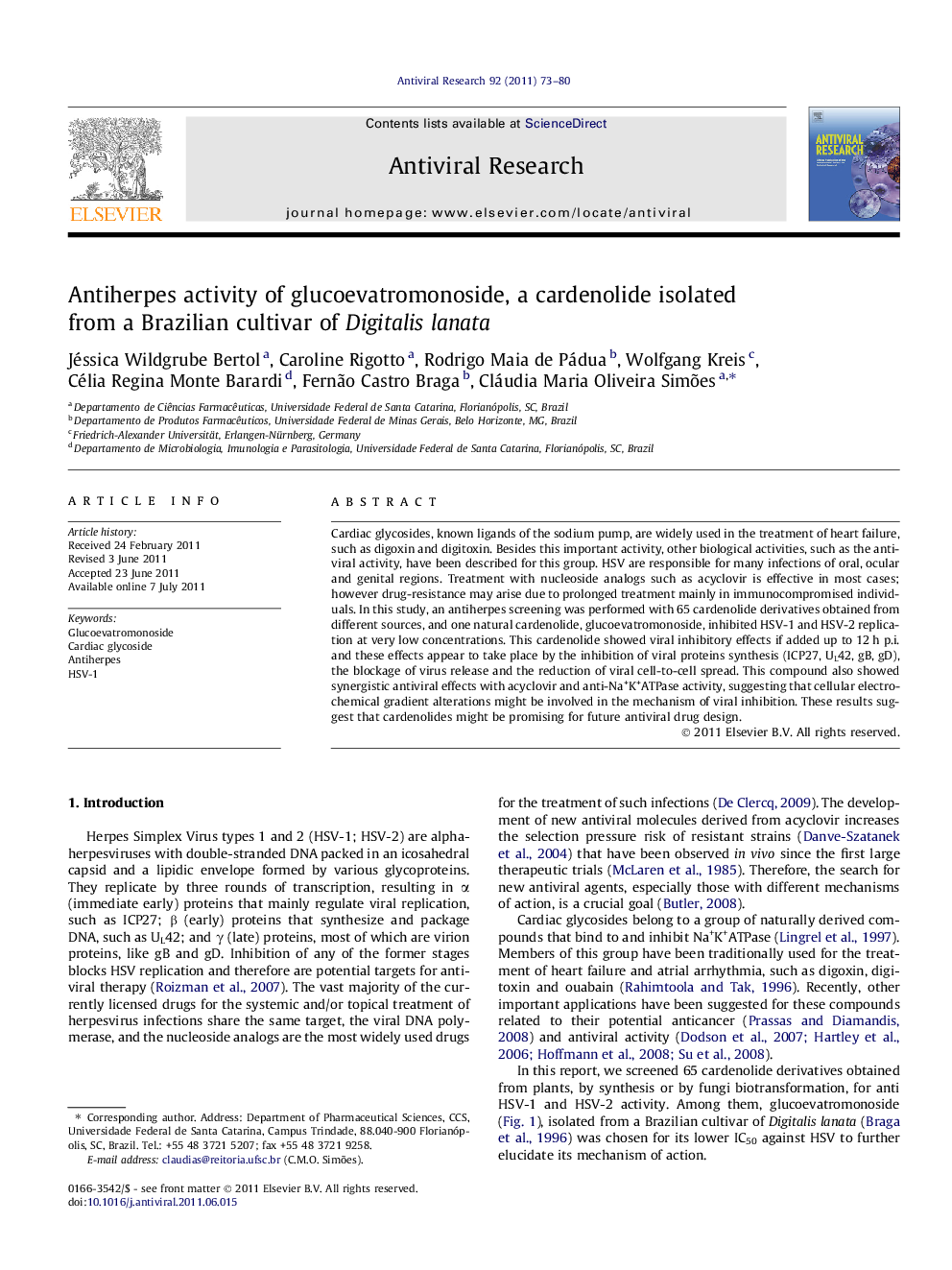 Antiherpes activity of glucoevatromonoside, a cardenolide isolated from a Brazilian cultivar of Digitalis lanata