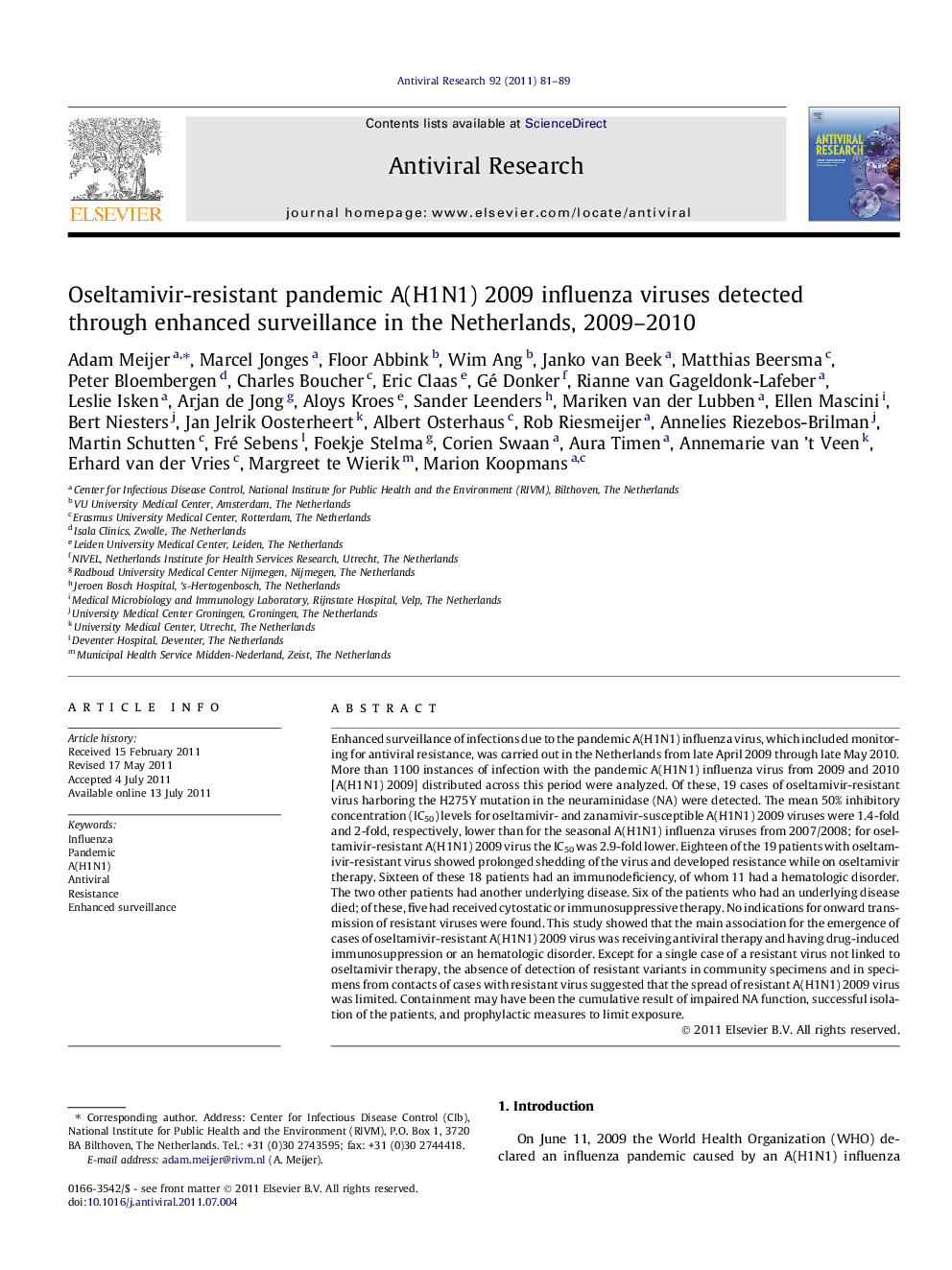 Oseltamivir-resistant pandemic A(H1N1) 2009 influenza viruses detected through enhanced surveillance in the Netherlands, 2009-2010