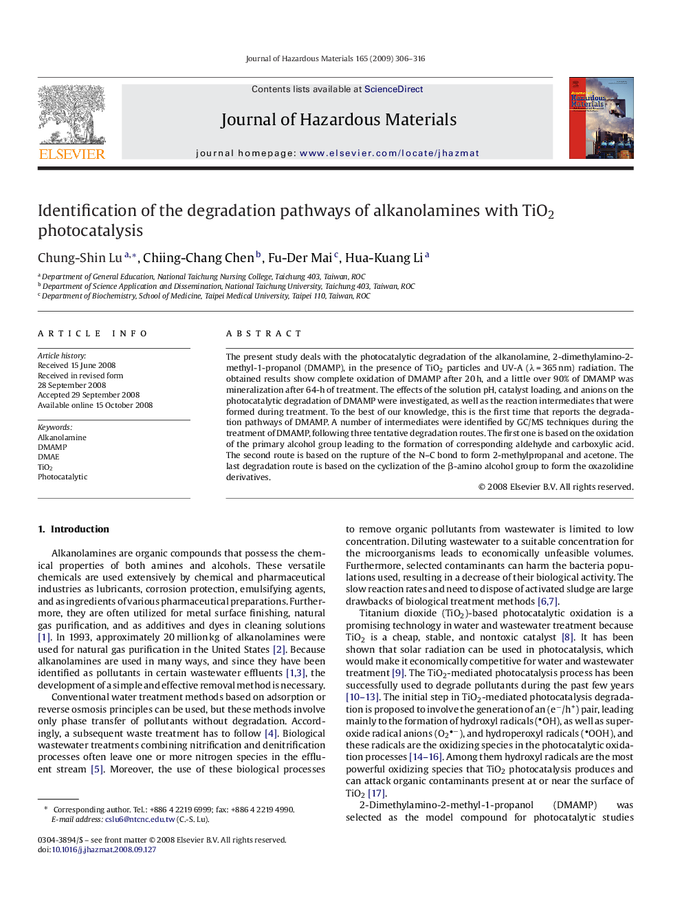 Identification of the degradation pathways of alkanolamines with TiO2 photocatalysis