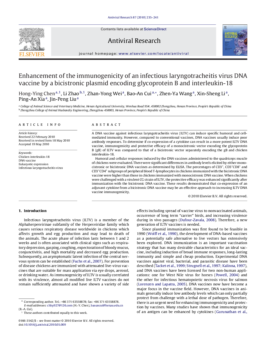 Enhancement of the immunogenicity of an infectious laryngotracheitis virus DNA vaccine by a bicistronic plasmid encoding glycoprotein B and interleukin-18