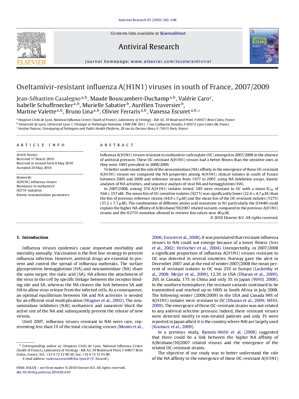 عکس صفحه اول مقاله: Oseltamivir-resistant influenza A(H1N1) viruses in south of France, 2007/2009 Oseltamivir-resistant influenza A(H1N1) viruses in south of France, 2007/2009
