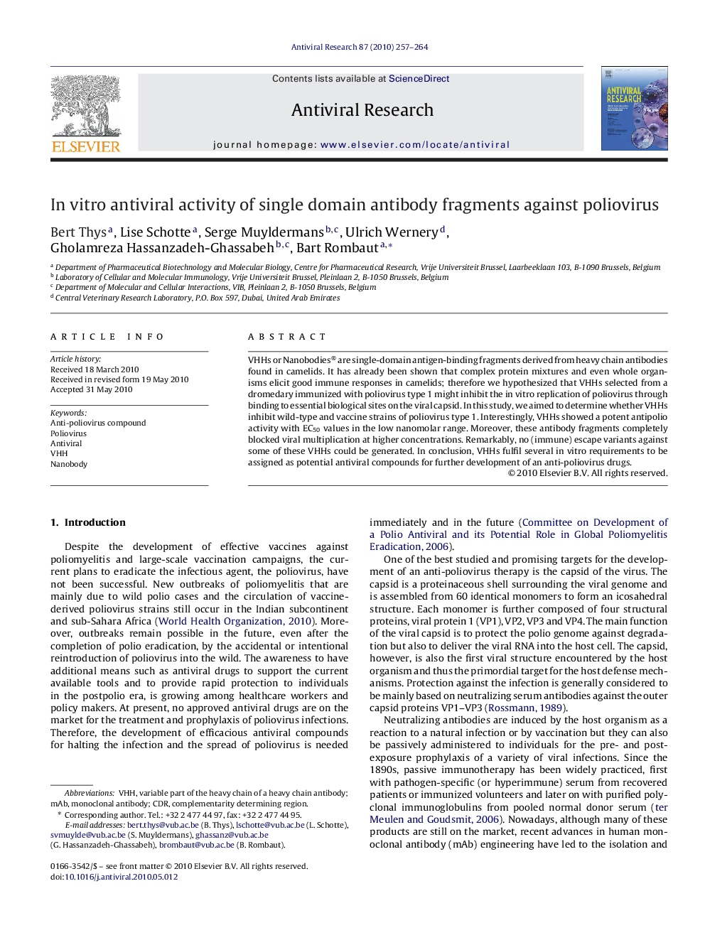 In vitro antiviral activity of single domain antibody fragments against poliovirus