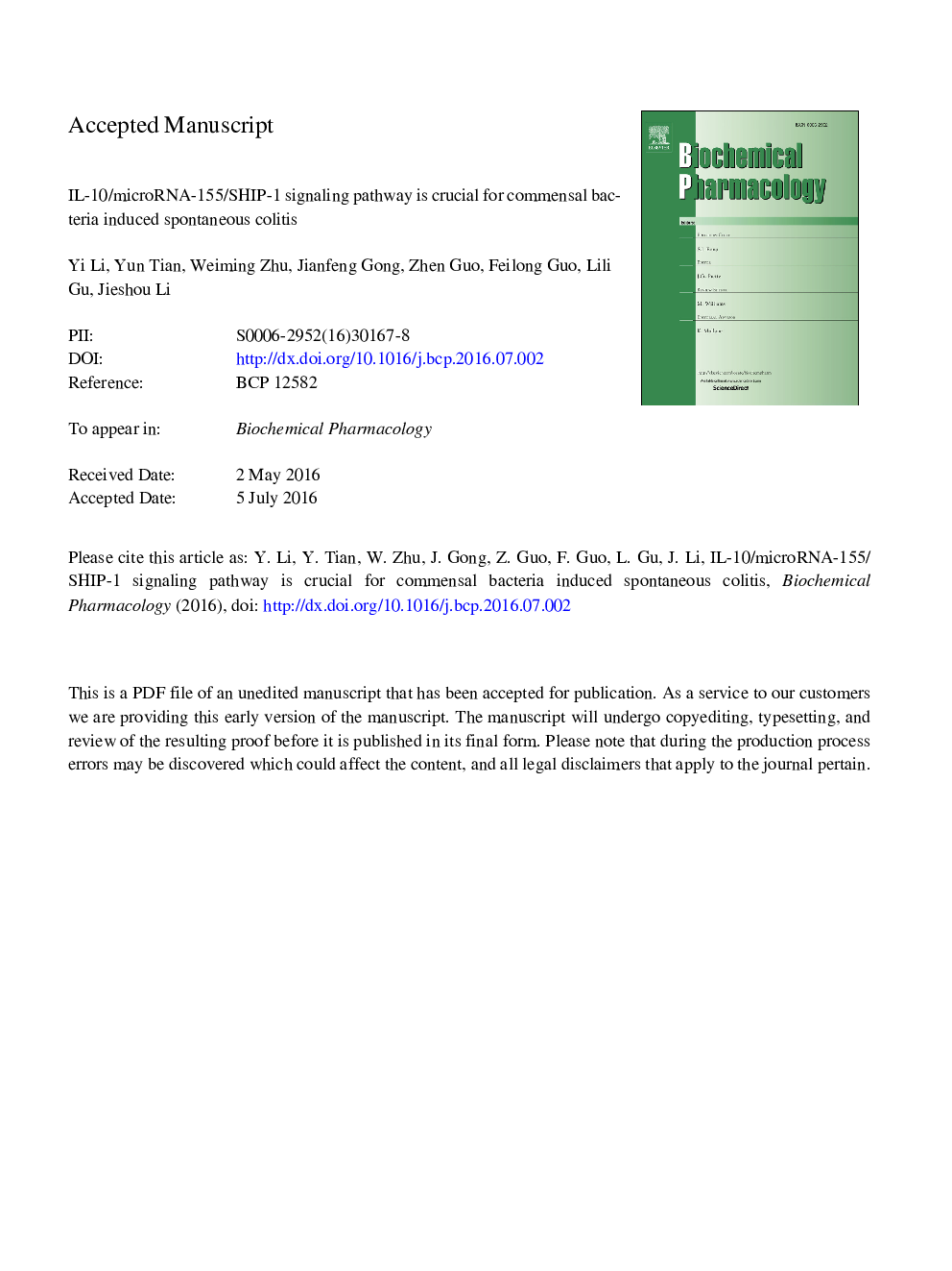 IL-10/microRNA-155/SHIP-1 signaling pathway is crucial for commensal bacteria induced spontaneous colitis