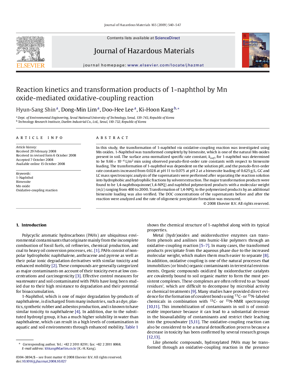 Reaction kinetics and transformation products of 1-naphthol by Mn oxide-mediated oxidative-coupling reaction