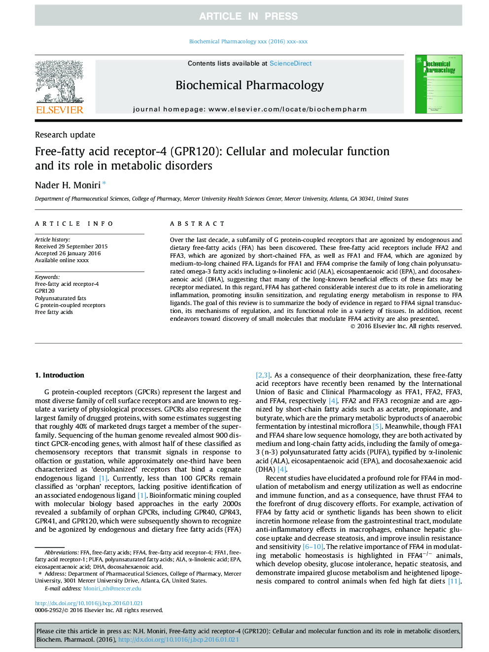 Free-fatty acid receptor-4 (GPR120): Cellular and molecular function and its role in metabolic disorders