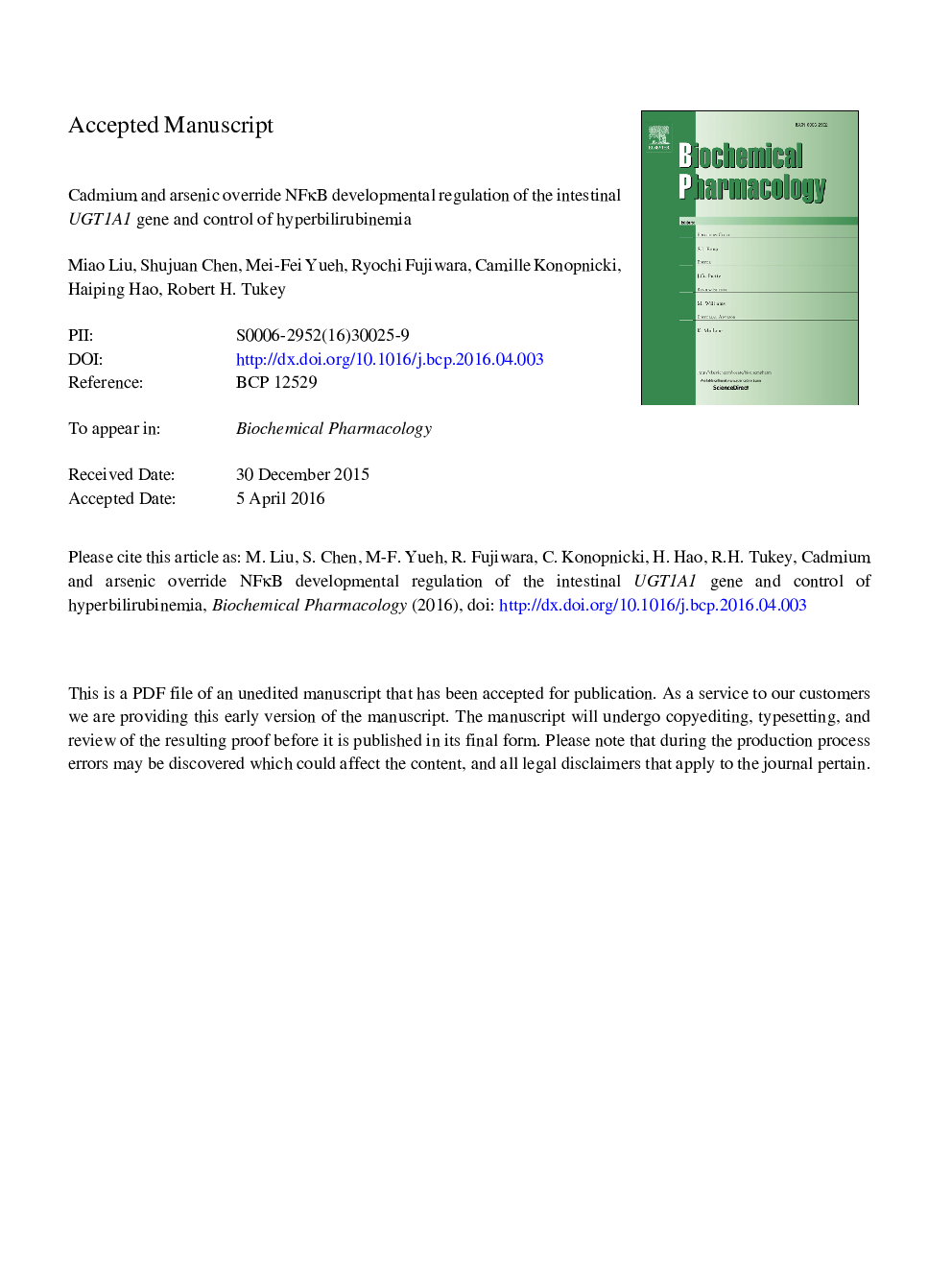 Cadmium and arsenic override NF-ÎºB developmental regulation of the intestinal UGT1A1 gene and control of hyperbilirubinemia