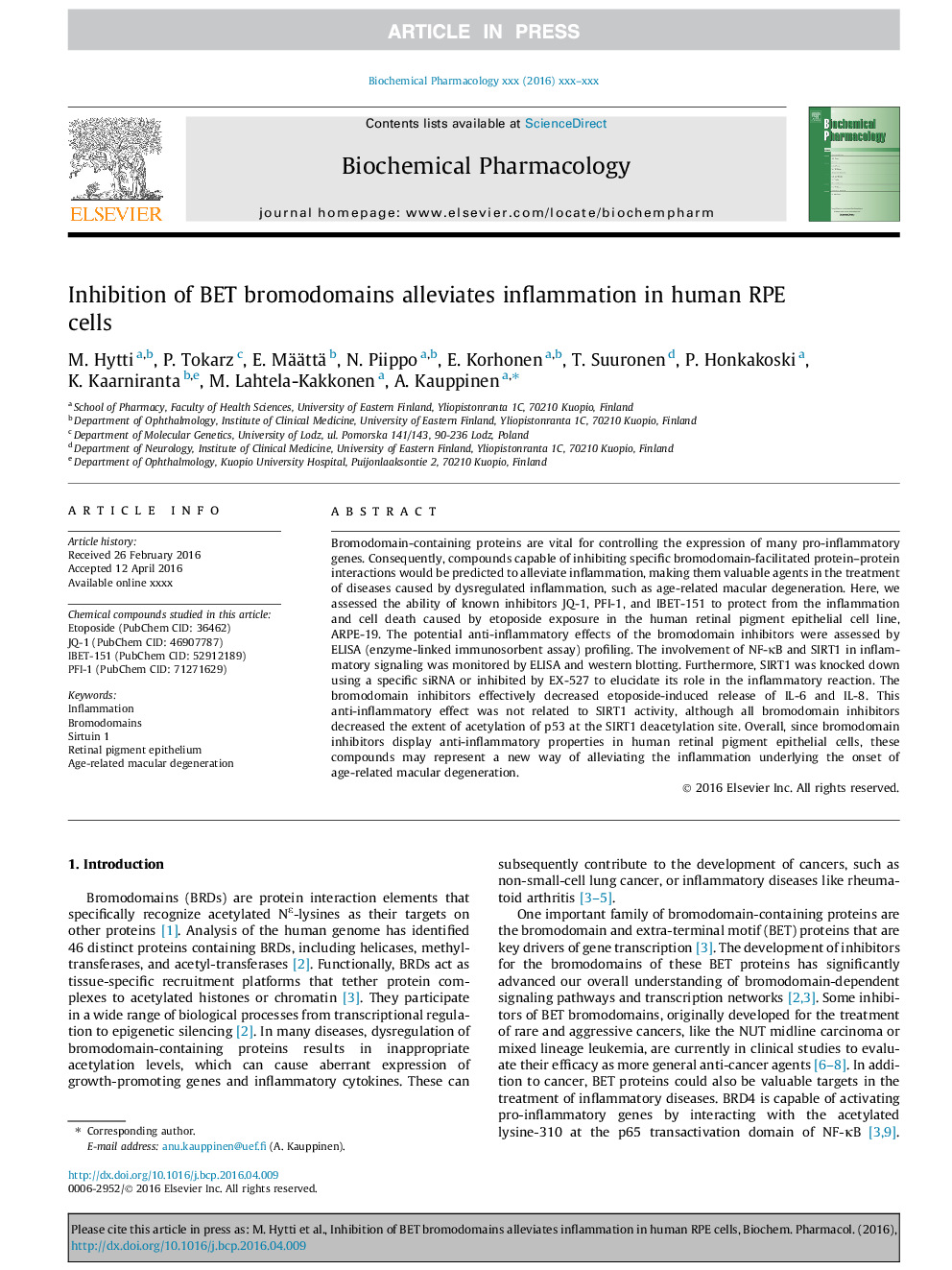 Inhibition of BET bromodomains alleviates inflammation in human RPE cells