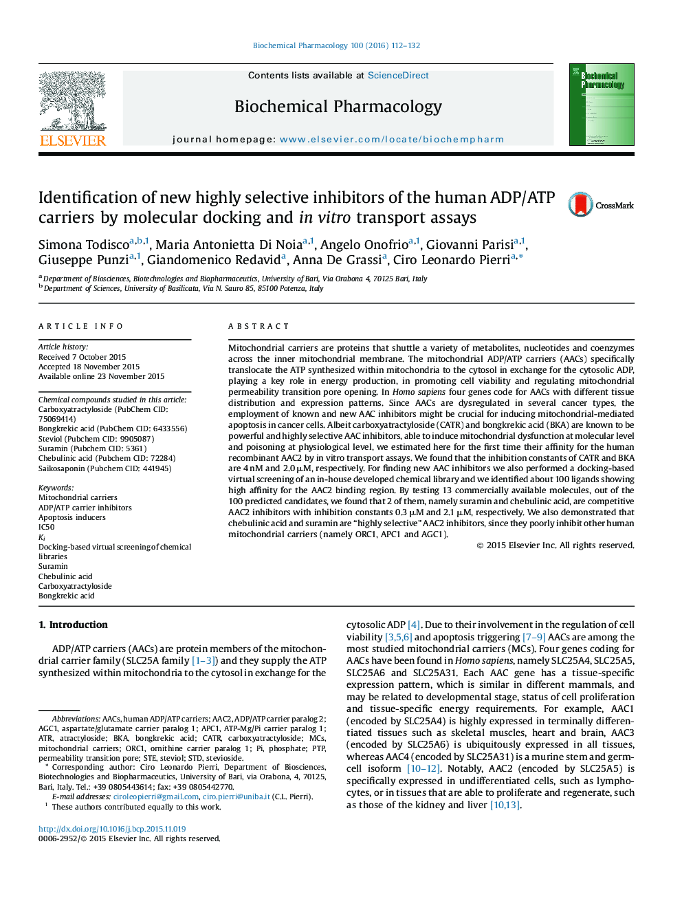 Identification of new highly selective inhibitors of the human ADP/ATP carriers by molecular docking and in vitro transport assays