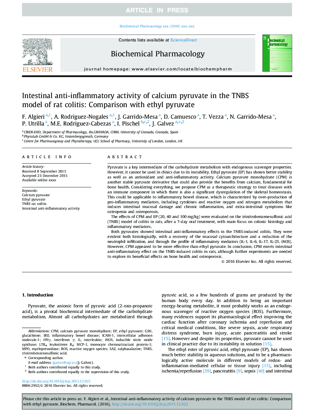 Intestinal anti-inflammatory activity of calcium pyruvate in the TNBS model of rat colitis: Comparison with ethyl pyruvate