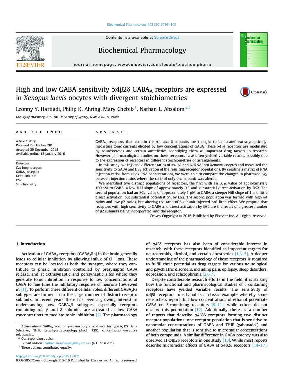 High and low GABA sensitivity Î±4Î²2Î´ GABAA receptors are expressed in Xenopus laevis oocytes with divergent stoichiometries