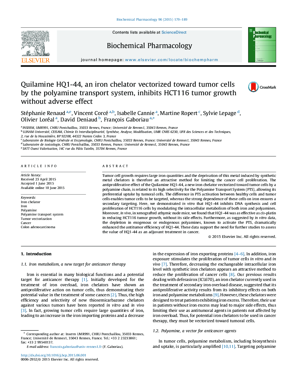 Quilamine HQ1-44, an iron chelator vectorized toward tumor cells by the polyamine transport system, inhibits HCT116 tumor growth without adverse effect