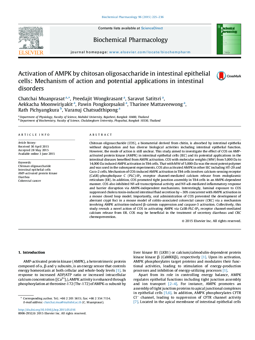 Activation of AMPK by chitosan oligosaccharide in intestinal epithelial cells: Mechanism of action and potential applications in intestinal disorders