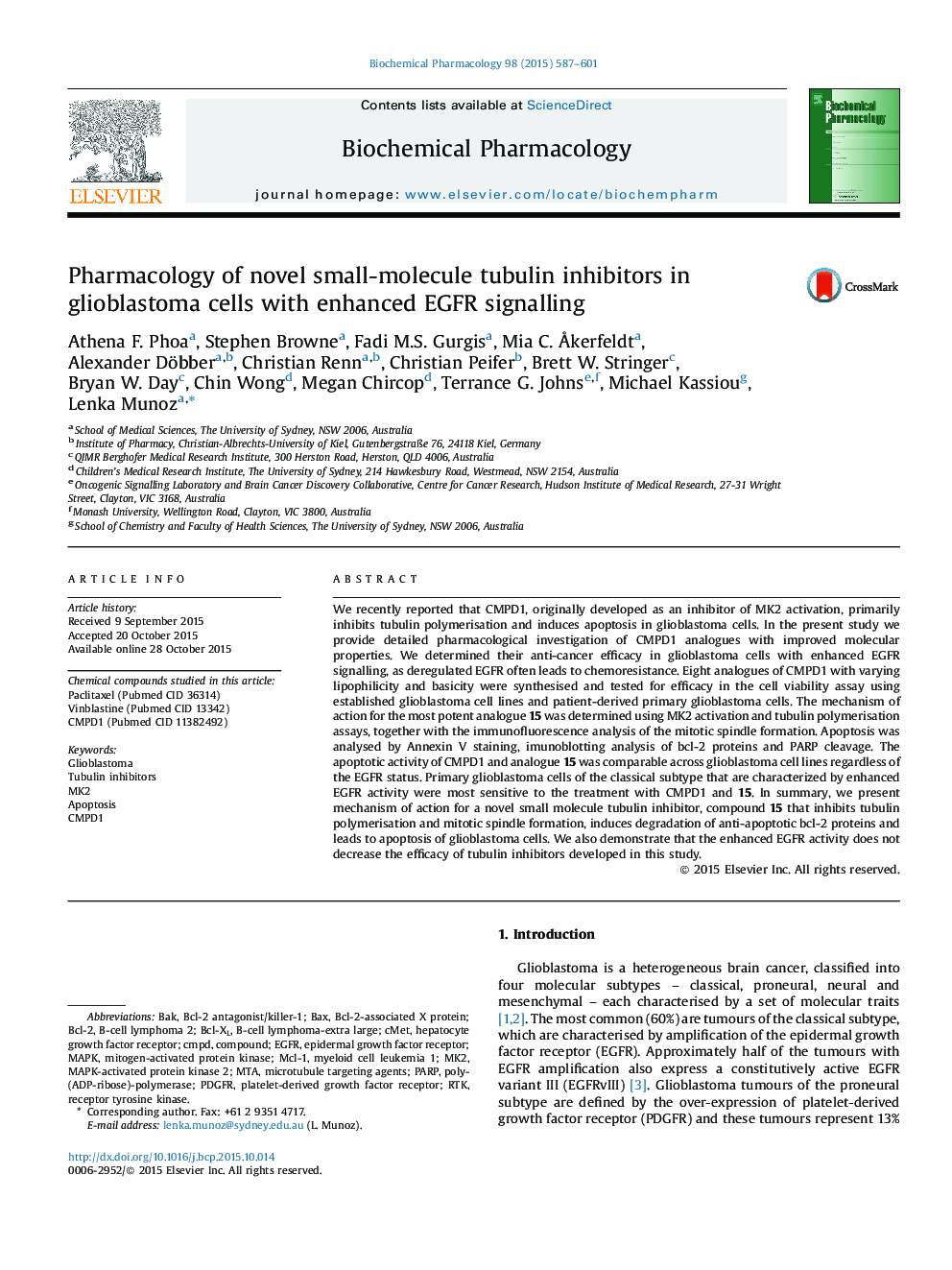 Pharmacology of novel small-molecule tubulin inhibitors in glioblastoma cells with enhanced EGFR signalling