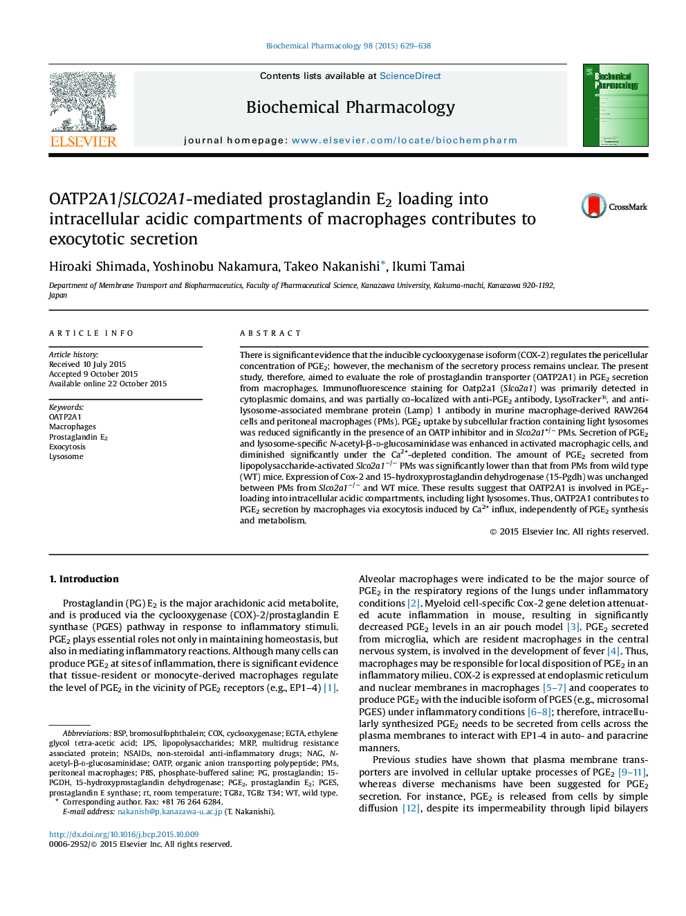 OATP2A1/SLCO2A1-mediated prostaglandin E2 loading into intracellular acidic compartments of macrophages contributes to exocytotic secretion