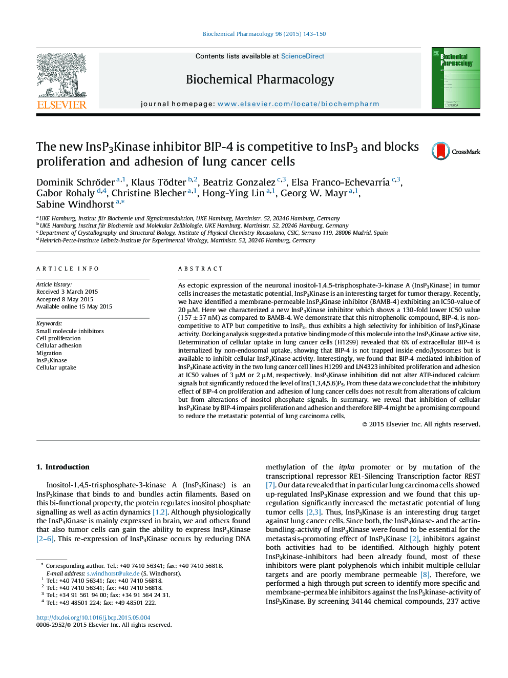 The new InsP3Kinase inhibitor BIP-4 is competitive to InsP3 and blocks proliferation and adhesion of lung cancer cells