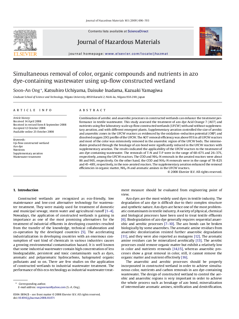 Simultaneous removal of color, organic compounds and nutrients in azo dye-containing wastewater using up-flow constructed wetland