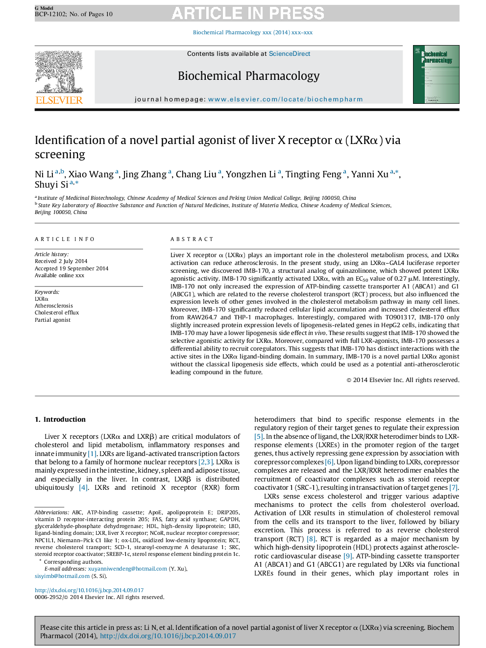 Identification of a novel partial agonist of liver X receptor Î± (LXRÎ±) via screening