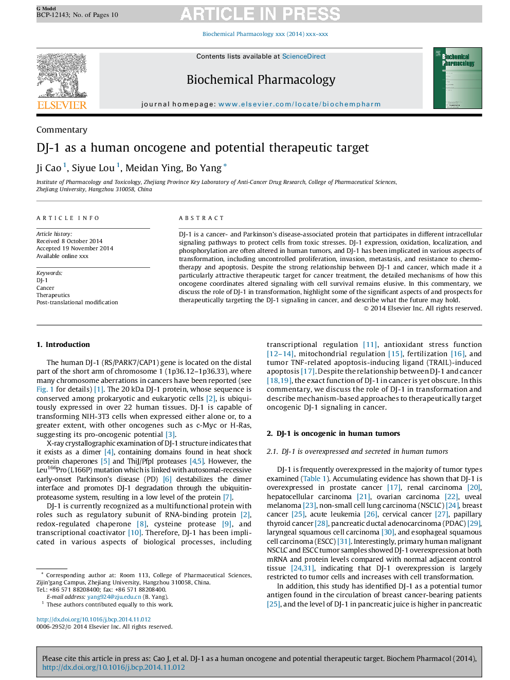 عکس صفحه اول مقاله: DJ-1 as a human oncogene and potential therapeutic target DJ-1 as a human oncogene and potential therapeutic target