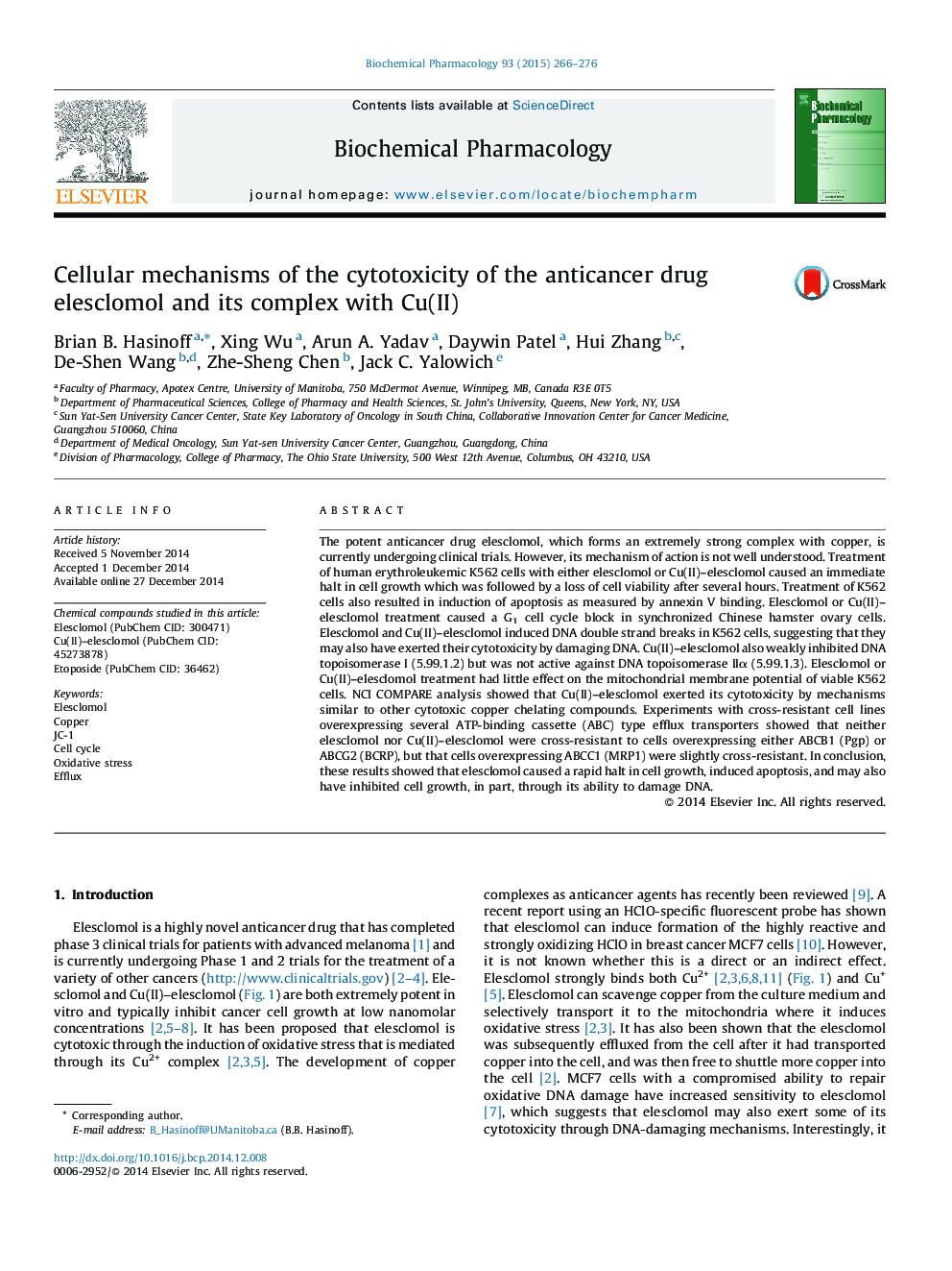 Cellular mechanisms of the cytotoxicity of the anticancer drug elesclomol and its complex with Cu(II)