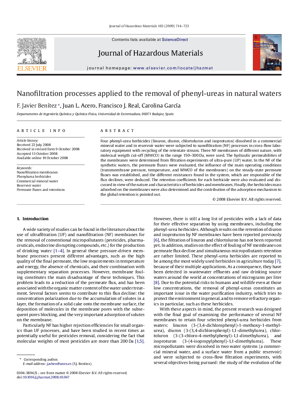 Nanofiltration processes applied to the removal of phenyl-ureas in natural waters