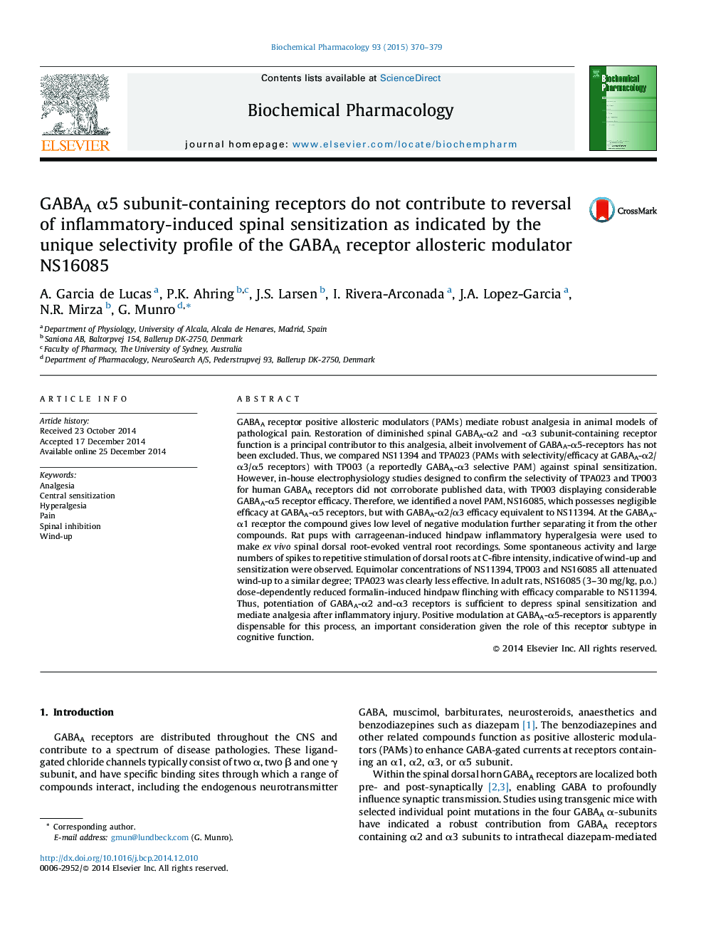 GABAA Î±5 subunit-containing receptors do not contribute to reversal of inflammatory-induced spinal sensitization as indicated by the unique selectivity profile of the GABAA receptor allosteric modulator NS16085