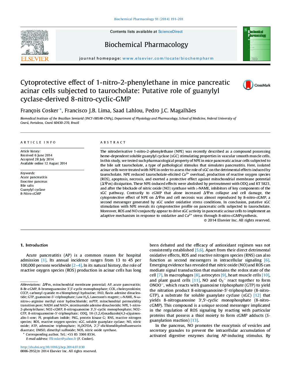 Cytoprotective effect of 1-nitro-2-phenylethane in mice pancreatic acinar cells subjected to taurocholate: Putative role of guanylyl cyclase-derived 8-nitro-cyclic-GMP