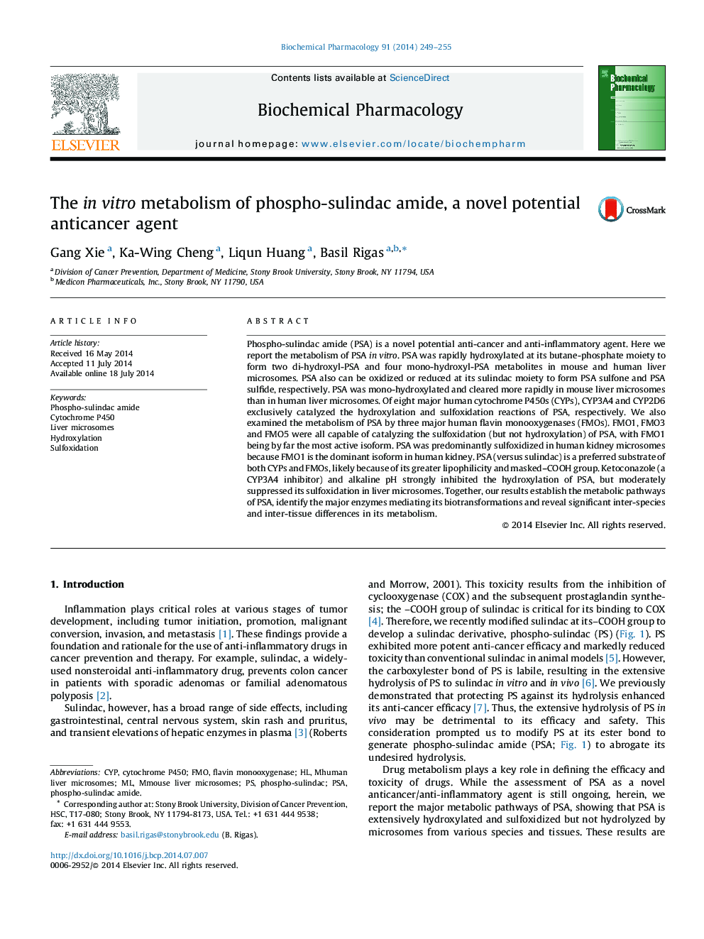 The in vitro metabolism of phospho-sulindac amide, a novel potential anticancer agent